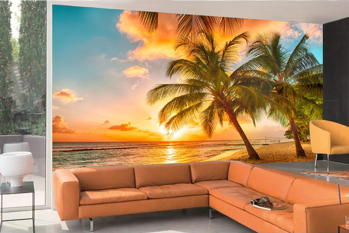Photo Wall Mural-(049)-SUNSET BEACH-NON WOVEN-Wallpaper-Palms-Trees Panorama XXL