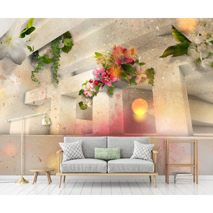 Photo Wall Mural-3D PILLAR AND FLOWERS-(C12572)-NON WOVEN-Wallpaper-Abstract XXL