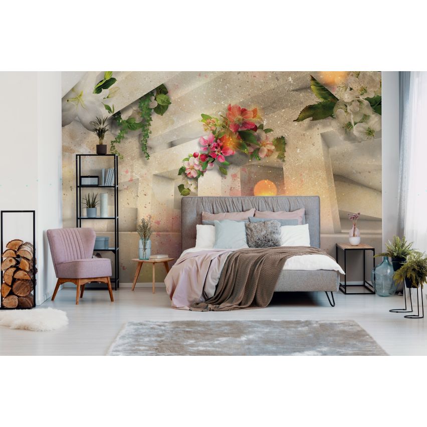 Photo Wall Mural-3D PILLAR AND FLOWERS-(C12572)-NON WOVEN-Wallpaper-Abstract XXL