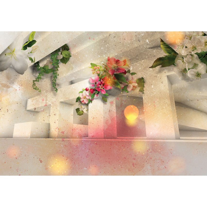 Photo Wall Mural-3D PILLAR AND FLOWERS-(C12572)-NON WOVEN-Wallpaper-Abstract XXL