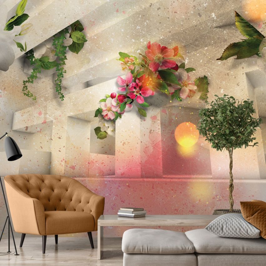 Photo Wall Mural-3D PILLAR AND FLOWERS-(C12572)-NON WOVEN-Wallpaper-Abstract XXL