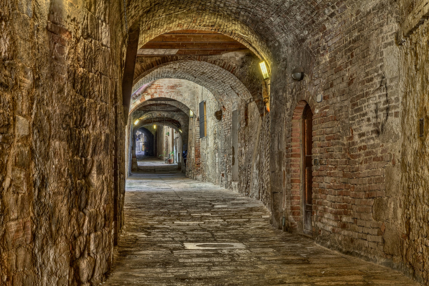 Photo Wall Mural-STONE ARCH-(3370)-NON WOVEN-Wallpaper-Tunel Brown Red Brick Walkway Sun XXL