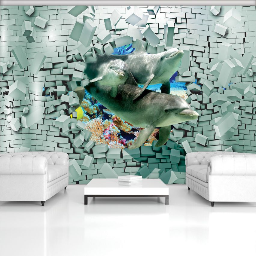 Photo Wall Mural-3D DOLPHINS-(3447)-NON WOVEN-Wallpaper-Abstract Sealife Underwater World XXL