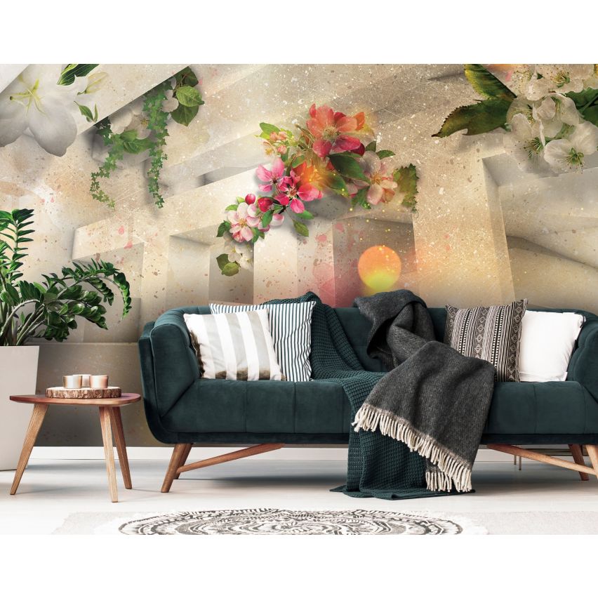 Photo Wall Mural-3D PILLAR AND FLOWERS-(C12572)-NON WOVEN-Wallpaper-Abstract XXL