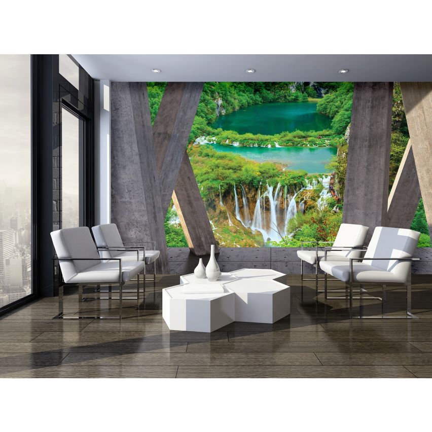 Photo Wall Mural-3D CEMENT TERRACE WATERFALL-(C3657)-NON WOVEN-Wallpaper-Abstract XXL