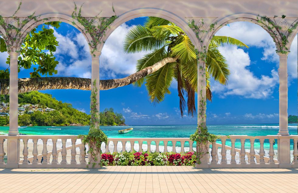 Photo Art Wall Mural-TERACCE PALM BEACH-(8578)-NON WOVEN-Wallpaper Custom Size Non Woven Tree Nature Woodland XXL