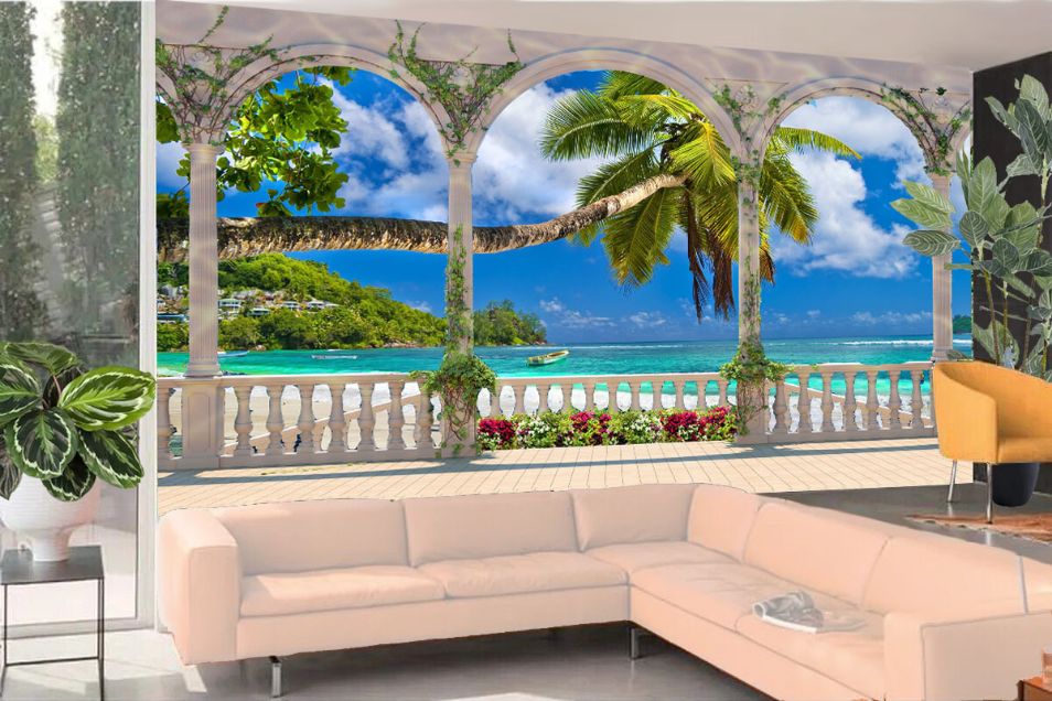 Photo Art Wall Mural-TERACCE PALM BEACH-(8578)-NON WOVEN-Wallpaper Custom Size Non Woven Tree Nature Woodland XXL